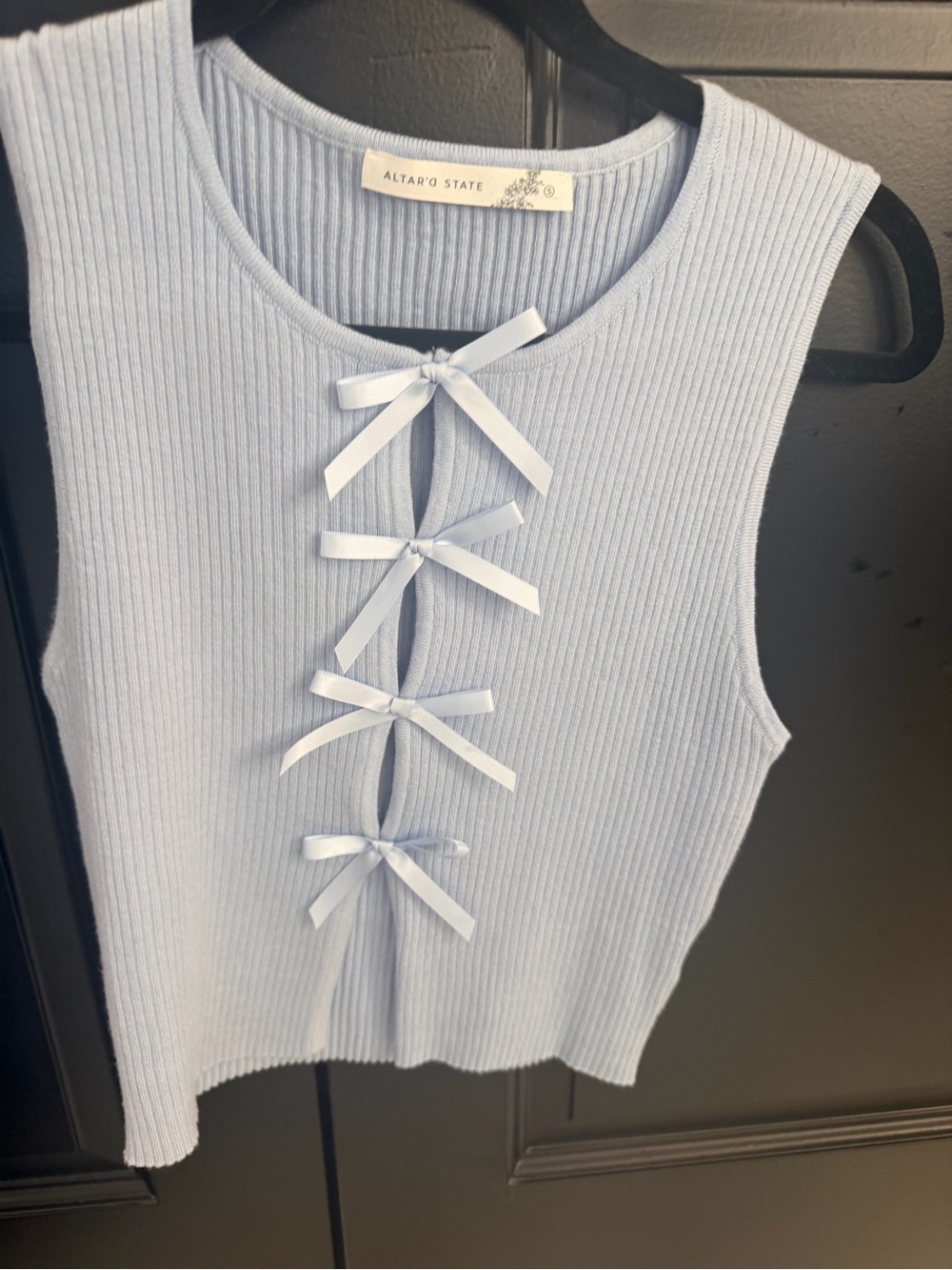 Altar'd State Pale Blue Ribbed Tank with Front Bow Accents